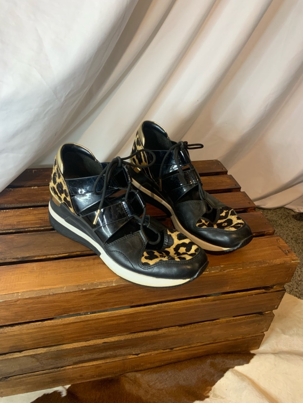 Michael Kors Black and Leopard Wedge Sneakers